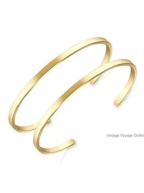 18K Gold Plated Open Cuff Bracelet Set Polished Bangle Gift